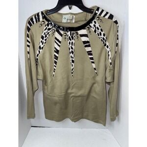 By Gabriel Vintage Animal Print Studded Olive Green Long Sleeve Top Small‎